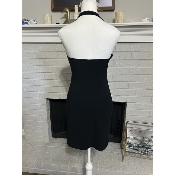 Vtg Y2K Sleeveless Womens Medium Halter Dress Bodycon Plain Little Black Dress - Picture 4 of 5